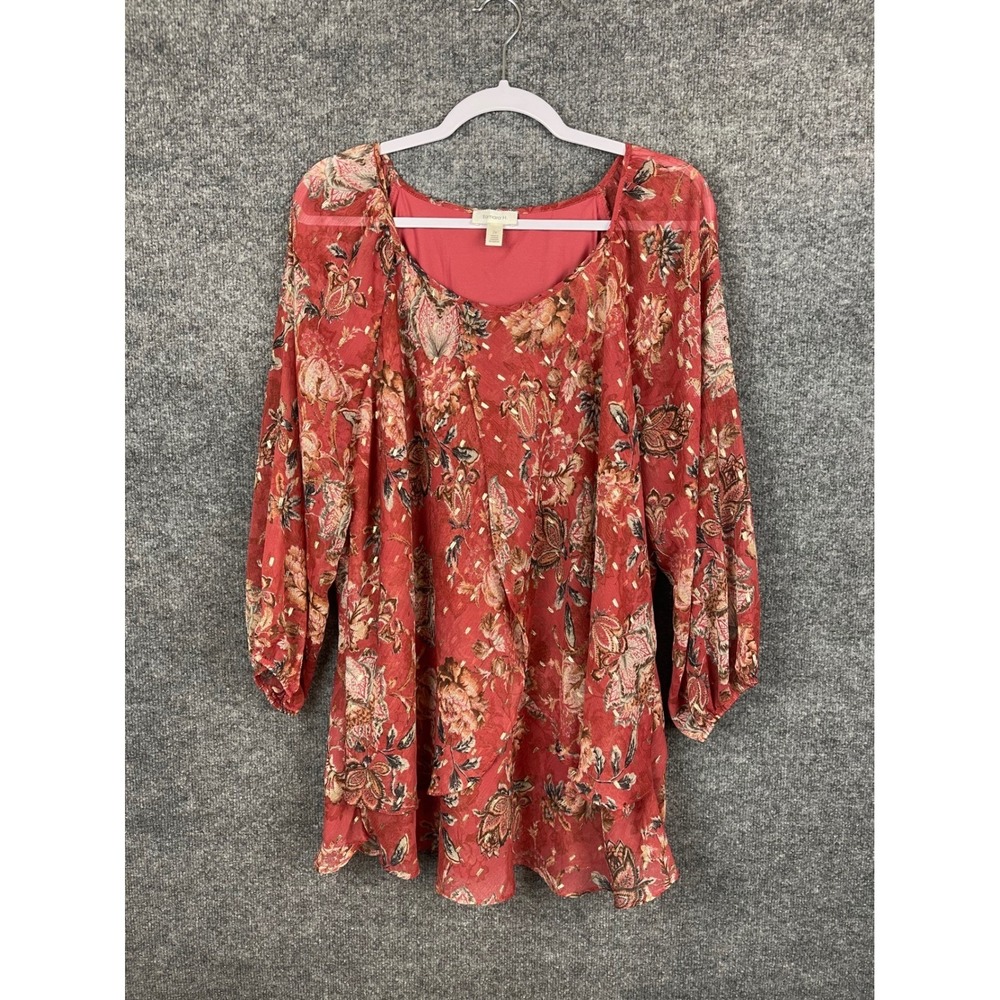 Tamara H. Floral Tunic Women 2X Red Gold Metallic Chiffon Layered Top